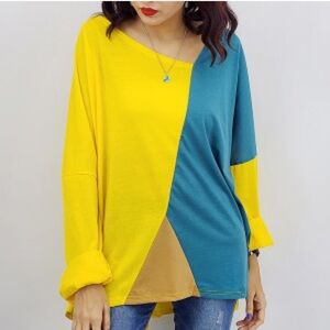 Slouchy dolman style geo multi-color asymmetrical 3/4 sleeve blouse size…